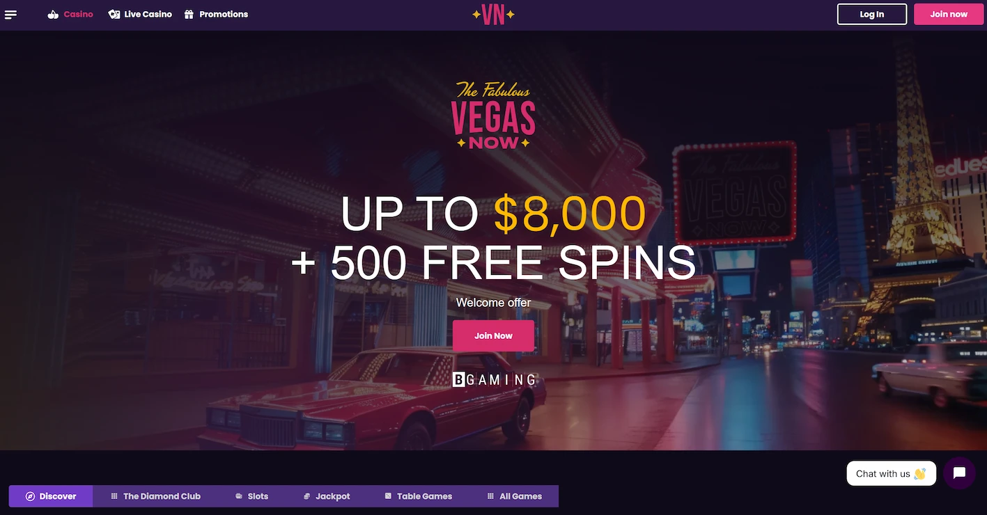 VegasNow casino page showing welcome bonus offer and site main navigation